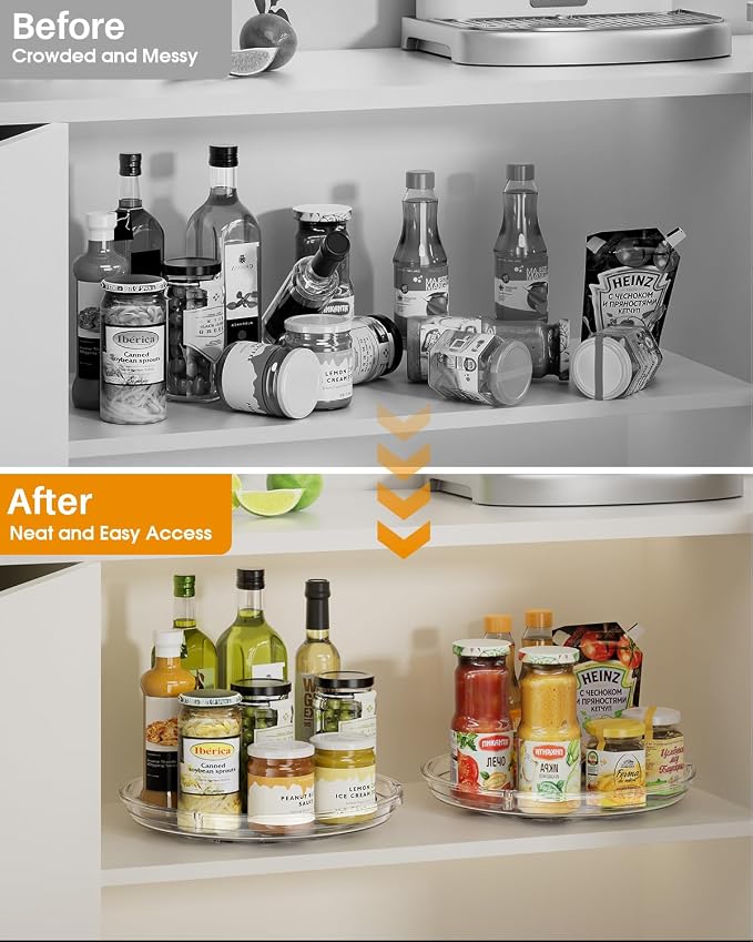 LAMU 2 Pack Lazy Susan Organizer 9 inch Lazy Susan Turntable for Cabinet, Rotating Spice Organization for Cabinet, Kitchen, Table Top, Countertop, Pantry Fridge Organizers and Storage, Clear