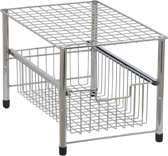 Household Essentials Free Standing Single Basket Sliding Cabinet Organizer with Metal Frame, Silver Finish
