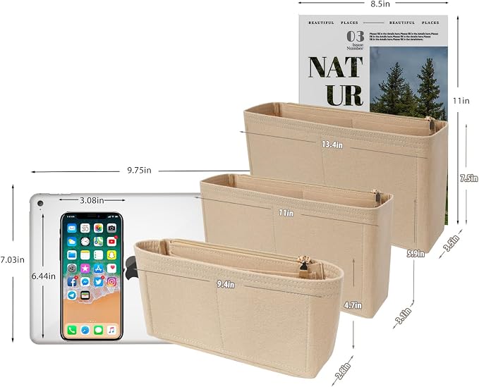 Surblue Purse Organizer Insert for Handbags, Felt Bag Organizer with Zippers Handbag Shaper Pouch for Classic 19 Flap Bag, Marmont, Onthego,（Khaki, Slender S）