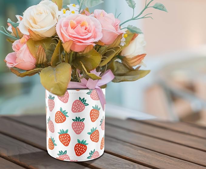 Pen Holder for Women Girls, Pencil Cup Pink Desk Decor, Makeup Brush Holder Large Pu Leather Multi-Functional Organizer Cup for Office, Classroom, Home, Strawberry