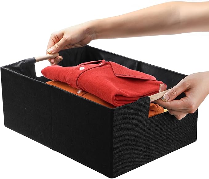 ZOOFOX Set of 2 Black Storage Baskets, Closet Storage Bins with Wooden Handles, Foldable Rectangular Storage Baskets for Shelves, Closets, Home, Office