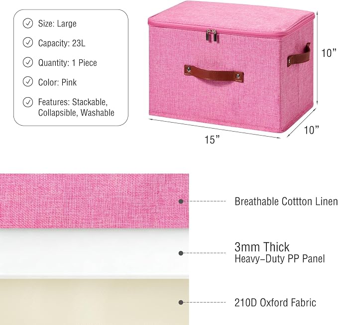 Storage Bin Box with Zippered Lid Cotton Linen Fabric Decorative Basket with PU Leather Handles PP Plastic Board Foldable Lidded Clothing Shelf Closet Organizer Container (Pink, Large)