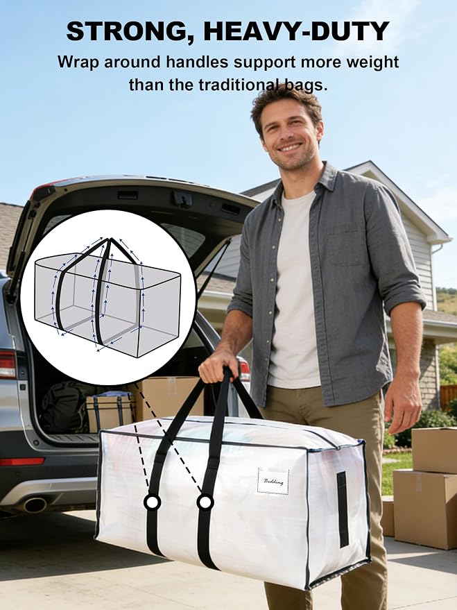 HOMESURE Supports 200lbs Heavy Duty Moving Bags - Strong Zipper & Wrap-Around Handles - Water-Resistant Storage Totes, Durable Alternative to Moving Boxes - 12 Pack - Semi-Transparent