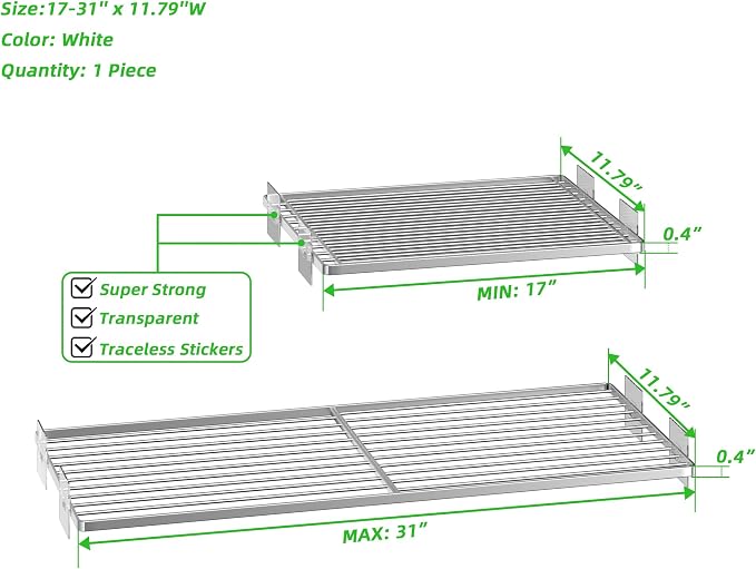 SANNO Tension Shelf Organizer for Closet, Adjustable 17-31" with Heavy-Duty Adhesive - DIY Expandable Shelf Dividers for Cabinet, Pantry, Wardrobe, Kitchen, 1 Pack