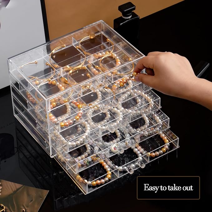 SPAKOWN Earring Organizer, Acrylic Earring Box Large 30 Compartments Jewelry Holder Organizer with 5 Drawers Stackable Earring Bracelet Storage Case Jewelry Boxes for Women (Clear)