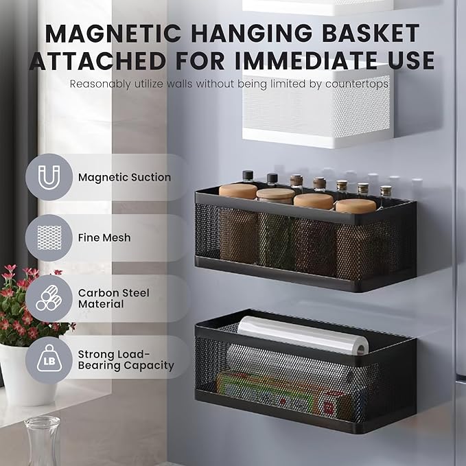 1 Pcs Magnetic Shelf For Fridge Shelves For Whiteboard Classroom Basket Organizer Holder Locker Storage Magnetic Bin Box Containers For Side Of Refrigerator (Black, 11''L*4.9''W*3.9''H)