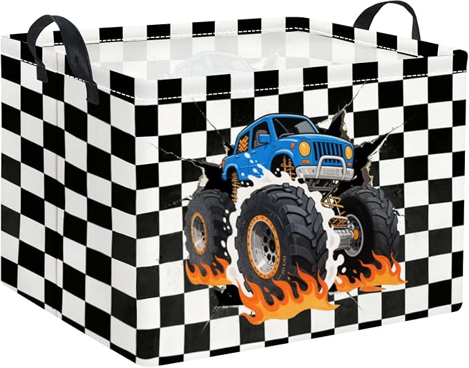 Rectangular Baby Kids Storage Basket for Home Kitchen Girls Cute Toy Storage Bin Organizer Shelf Book Room Decor(Checkered Truck)
