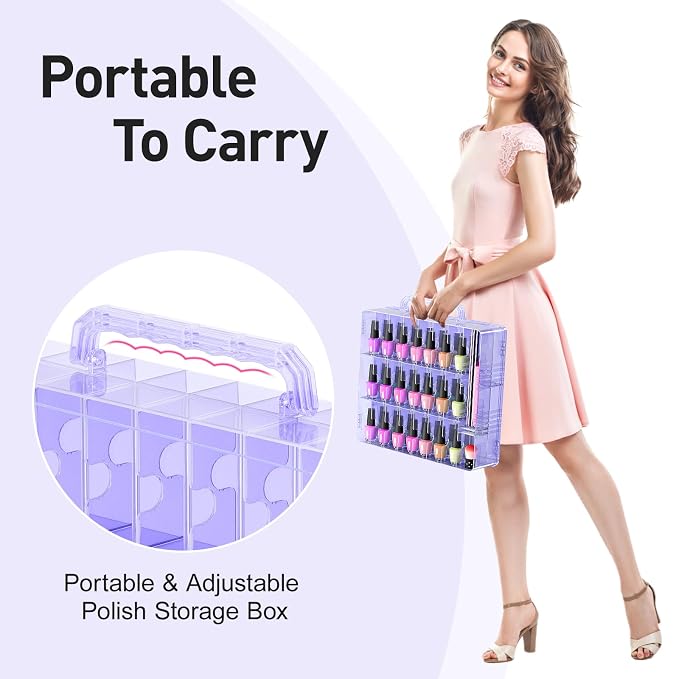 Beloving 2pcs Nail Polish Organizer, Portable 48 Bottles Clear Nail Polish Holder with Adjustable Divider, Gel Nail Polish Storage Double Side Nail Polish Organizer Case for Nail Tech Purple