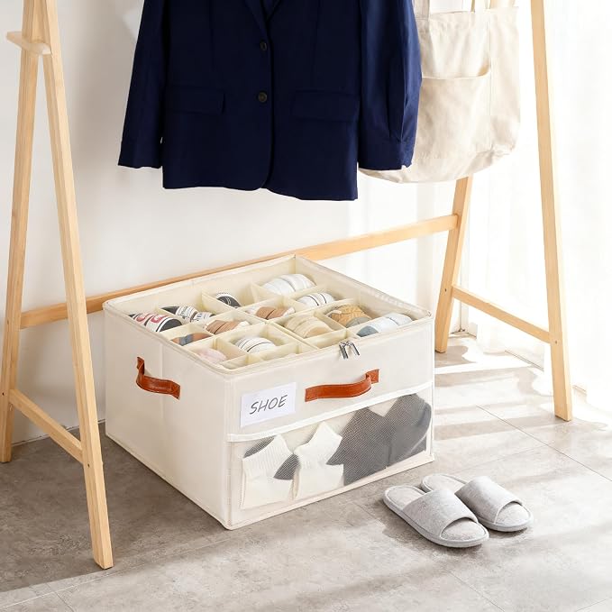 Shoe Organizer for Closet, Shoe Storage Box, Foldable Shoe Box with Adjustable Dividers and Clear Cover, Closet Shoe Organizer Fits up to 16 Pairs, 1-Pack, Extra Storage Pocket for Socks