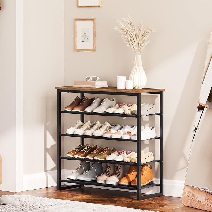 HOOBRO Shoe Rack, 5 Tier Shoe Storage Organizer with 4 Oxford Fabric Shelves and Top Panel, Holds 16-20 Pairs of Shoes, for Entryway and Closet, Industrial, Rustic Brown BF50XJ01