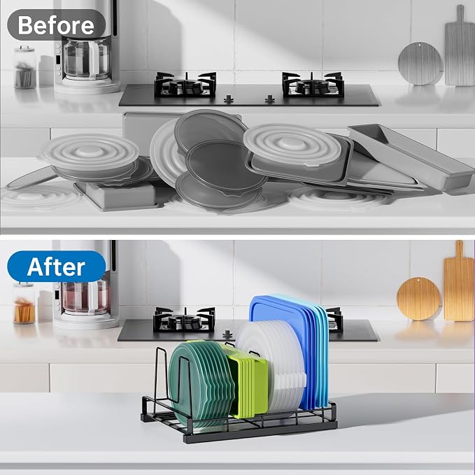 Adjustable Food Container Lid Organizer with 5 Dividers, Full Metal Pot and Pan Organizer Rack for Kitchen Cabinets, Drawers, Cupboards, Pantry Shelves Storage, Black