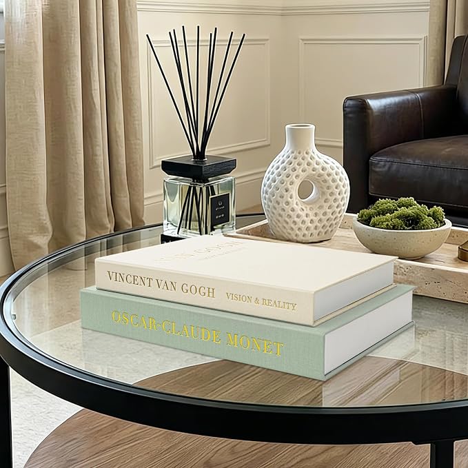 Decorative Books for Home Decor, Modern Fake Books Storage Boxes | Set of 2 Linen Coffee Table Books with Hidden Storage, Stackable Photo Keepsake Box for Living Room Bookshelf Decor, Sage