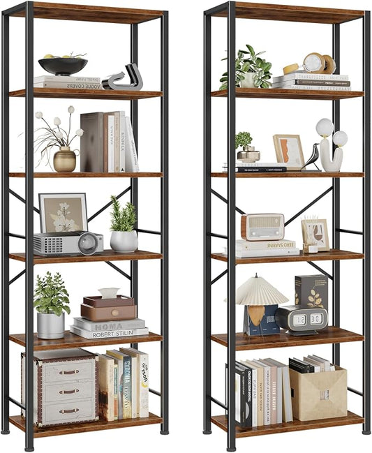 Furologee 6 Tier Book Shelf Set of 2, Tall Wide Bookshelf, Industrial Open Bookcase, Display Shelves Storage Organizer, Shelving Unit for Living Room, Home Office, Bedroom, Rustic Brown