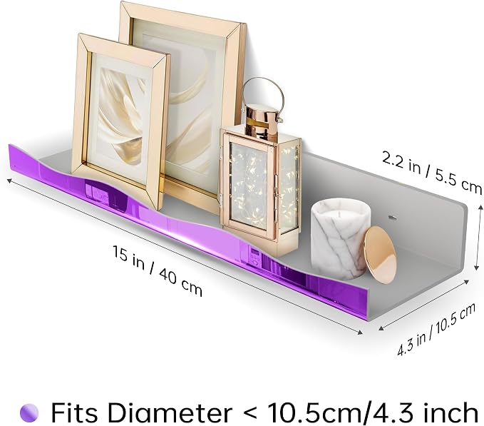 YMVV 15.7 in Large Purple Reflective Acrylic Mounted Floating Shelf, Perfume Organizer Shelf, Modern Bathroom Storage Toy Display Organizer Decor 4 Pack