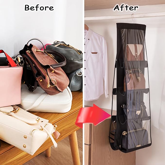 AARAINBOW 1 Pack Hanging Handbag Purse Organizer for Closet, Womens Purse Storage Organizers, Hand bag Organizer Holder, Wardrobe Purse Organizer 8 Pockets Space Saving 41 L x 13.5W (B-Black)