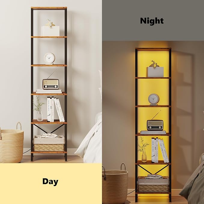 JARHETUN 6-Tier Bookshelf, Tall Narrow Bookcase with LED Lights, Book Shelf with Steel Frame, Display Storage Shelf for Living Room, Bedroom, Home Office, Study, Balcony, Rustic Brown