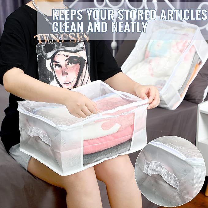 Sadnyy 6 Pcs Clear Storage Bags with Zippers Foldable Clothes Containers Case Plastic Organizer Large Sweater Storage Bins with Handles for Fabric Blanket Cloth Bedding(16 x 12 x 8 Inch,White)