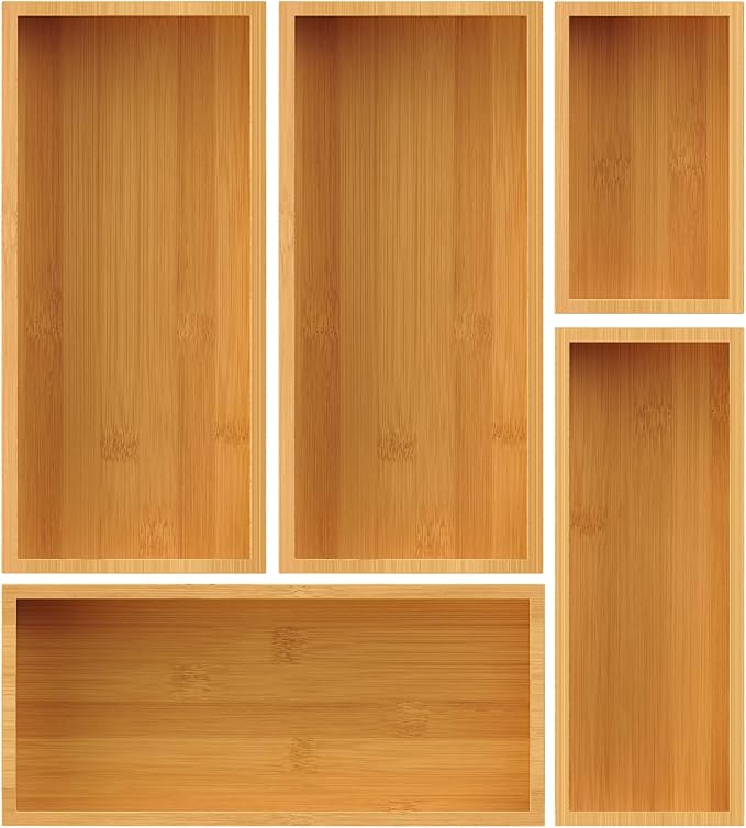 Bamboo Drawer Organizer Set, 5-Piece Storage Trays for Kitchen, Bathroom, Office Desk, Makeup & Junk Drawers,Utensils