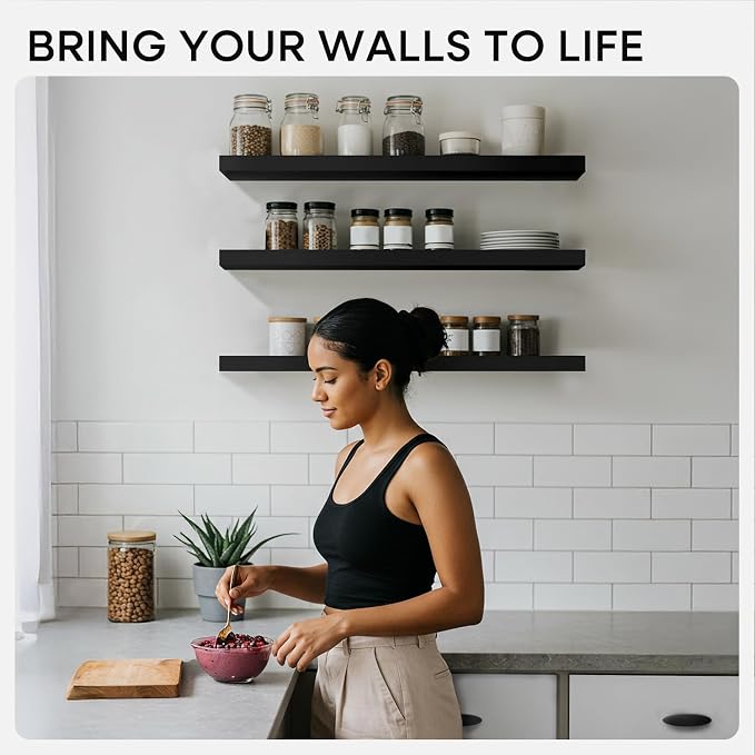Homeforia Black Floating Shelves 30 inches Long, High End Solid Real Wood 30 inch Floating Shelf for Wall Mounted, Black Wooden 30in Floating Shelves, Heavy Duty Bracket, 30 X 6.5 X 1.75 in, Set of 3