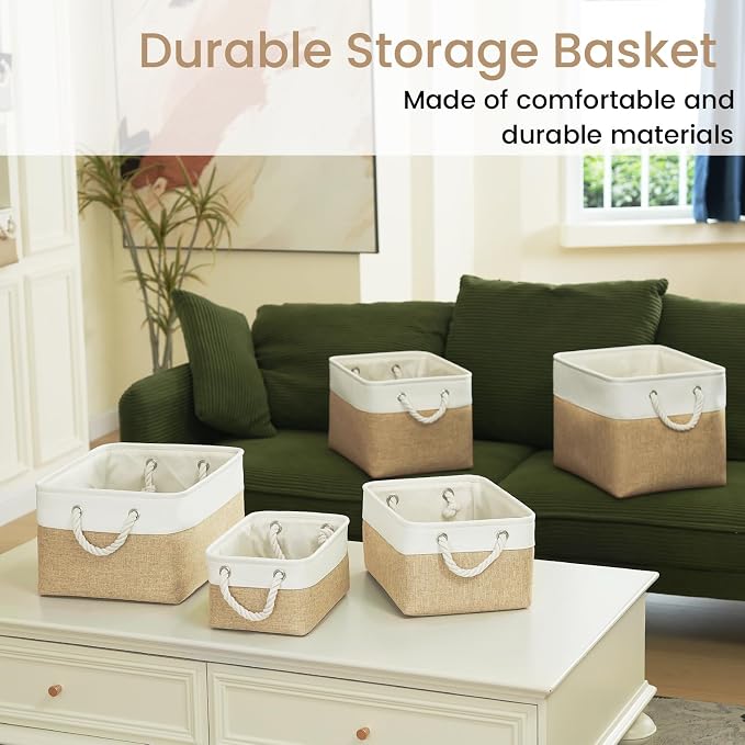 Large Storage Baskets- 15x11x10 inch Storage Bins for Shelves and Closet Organizing, Foldable Fabric Bin for Home Organization Clothes and Laundry (1-Pack, White&Khaki)