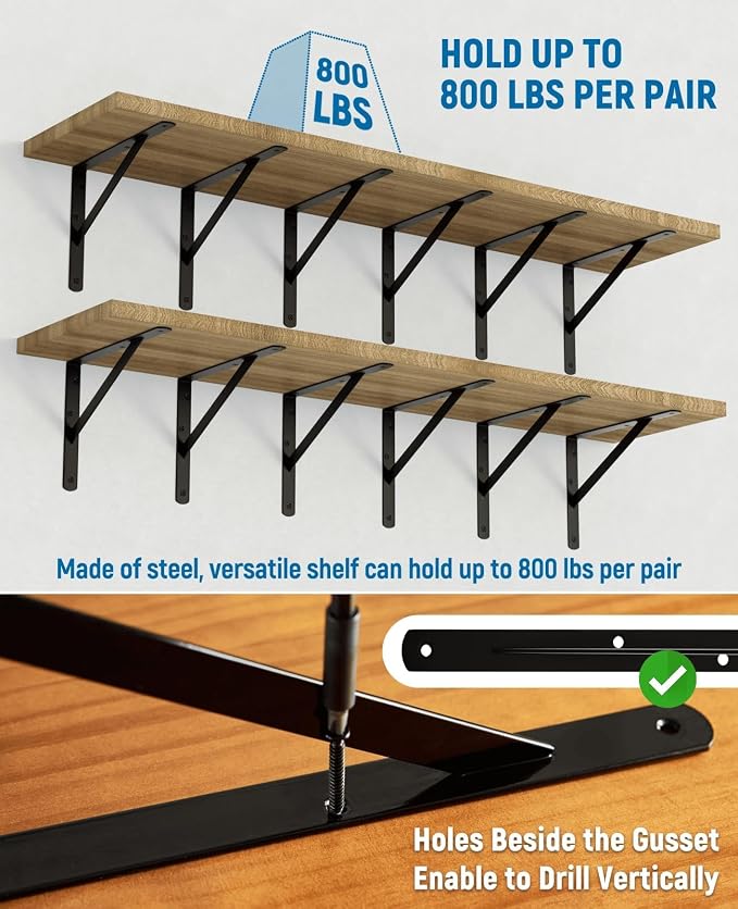 12-Pack 7 Inch Heavy Duty Shelf Brackets, Large Floating Wall Bracket for Garage Storage Shelves, Black Powder-Coated Finish, Load Capacity 800lbs
