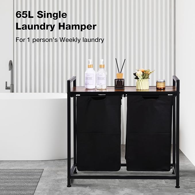 COSYSUPER Laundry Sorter 2 Section with Shelf, Two Section Laundry Hamper Organizer, Laundry Basket with Removable Bag for Clothes Storage, Brown and Black