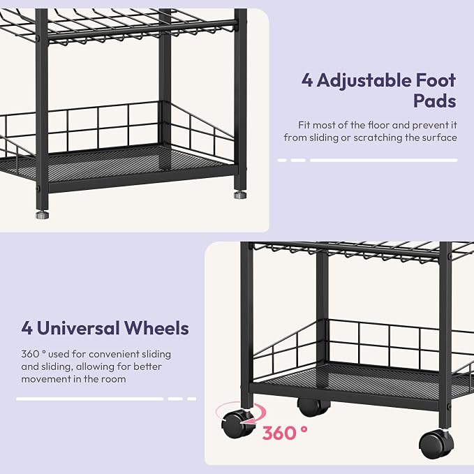 SWTYMIKI Can Organizer for Pantry - Stackable Rolling Snack Cart, Soda Can Organizer, Multi-Functional Shelf with Adjustable Wheels for Kitchen, Office, Living Room, Black