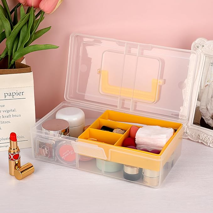 JUXYES Clear Art Craft Supply Storage Bin Sewing Box With Handle Lid | Plastic Carry Storage Box with Removable Tray, 2 Layers Portable Storage Case for Art Craft, Sewing, School Office Supplies