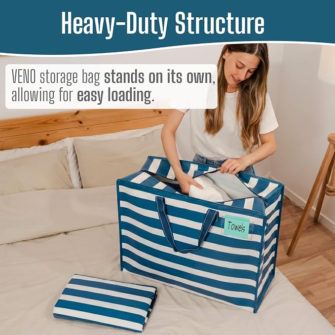VENO 4 Pack Heavy Duty Moving Bags, Storage Bags, Packing Supplies, Top Zipper, Storage Totes for Camping, Clothes, Bedding, Comforters, Pillows (27 Gallon, Classic Navy Stripe, 4 Pack)