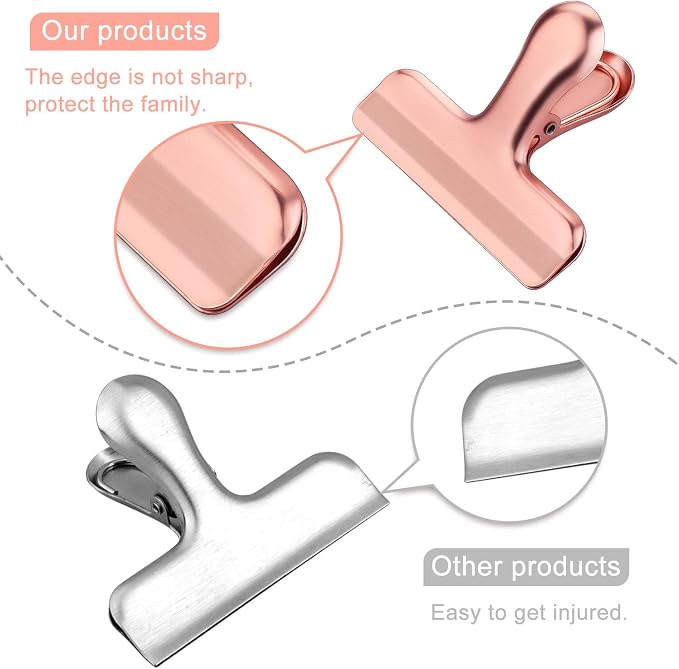 Whaline Stainless Steel Chip Clips Set, Rose Gold Chip Bag Clips Heavy Duty Food Clip Round Edge Air Tight Seal Grip for Home Office Kitchen Home Usage Storage (8 Pieces of the Size 3'')