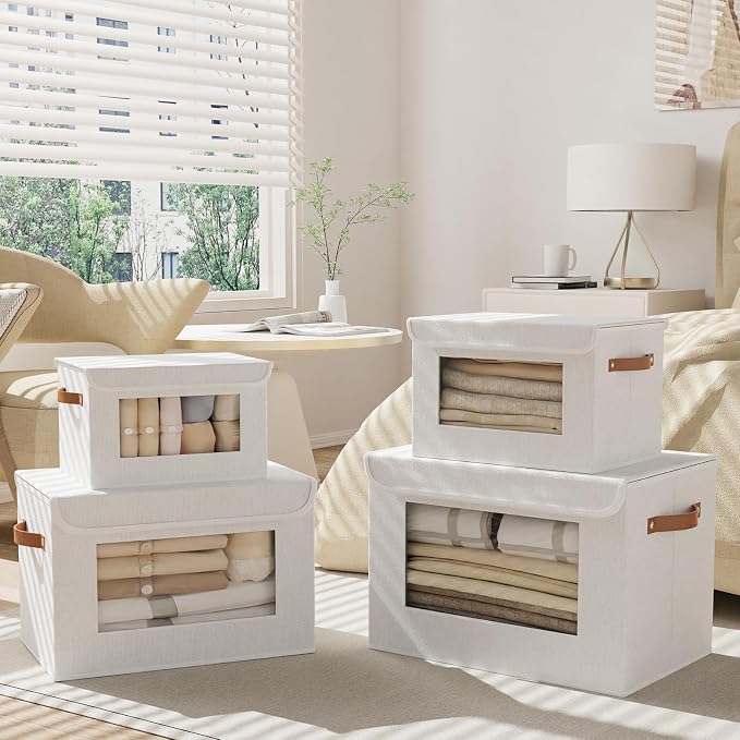 Storage Box for Shelves,White Basket,17.7x11.8x11.8In,3Pack | Sturdy Storage Baskets with Lids,Shelf Boxes with Handles and Window,Fabric Closet Containers,Decorative Drawer Bins for room