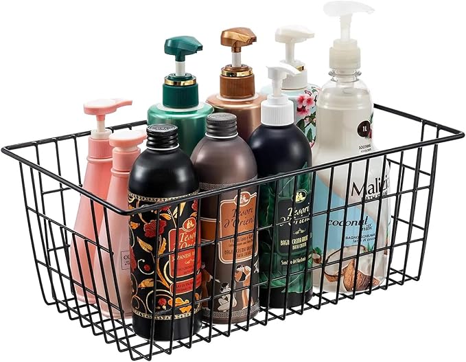 Redrubbit Wire Storage Baskets, Large Farmhouse Metal Freezer Basket Storage Organizer Bins with Handles for Kitchen Cabinets, Pantry, Closets, Bedrooms, Bathrooms, Set of 4, Black
