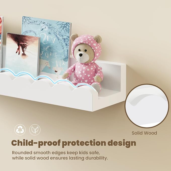 4-Pack 23.5IN Scalloped Shelves, Nursery Shelves for Wall, Floating Nursery Book Shelves for Kids, White