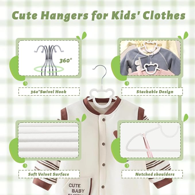 ManGotree 12.8" Kids Velvet Hangers, Non-Slip Felt Baby Clothes Hanger, Cute Bear Hanger for Nursery, Space Saving Toddler Hangers for Children's Closet (20 Pack, White)