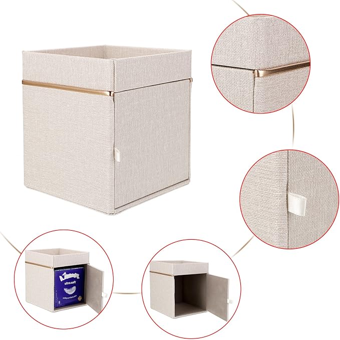 Sumnacon Linen Square Tissue Box Cover - Decorative Cube Tissue Box Holder with Tray, Stylish Tissue Box for Bathroom Toilet Tank Vanity Dresser Table Office Bar Restaurant, Beige