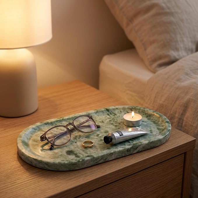 YKAJO Cloud Jade Oval Marble Tray, 11.8x5.9 Vanity Perfume Organizer Dish | Honed natural stone; jewelry & trinket dish, ring & key holder, soap & candle catchall; bath counter, dresser, coffee table
