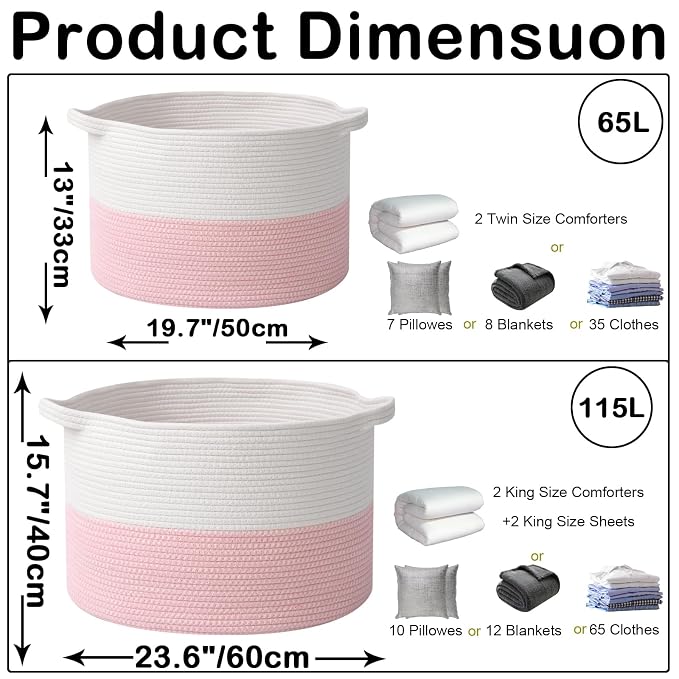 65L Large Pink Woven Cotton Rope Basket with Handles, Kids Nursery Laundry Hamper for Toys, Blankets, Pillows & Comforters, Cute Storage Bin for Bedroom & Playroom