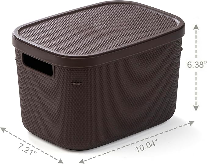 BINO | Plastic Storage Bins with Lids, 5.5 Liter - 3 Pack, Dark Brown | THE TWILL COLLECTION | Plastic Bins for Organization | Woven Storage Baskets for Organizing | Pantry Shelf Organizer Basket Bin