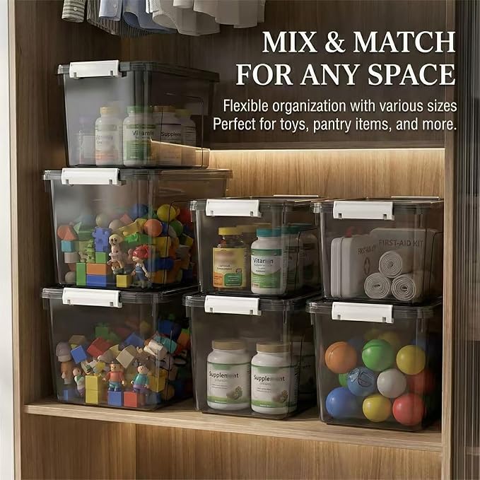 Plastic Storage Bins with Lids, 2 Pack Mixed Sizes (7 Qt, 16 Qt) Clear Black with Lid Stackable Organizer Boxes with Latches for Closet, Pantry, Bathroom, Office