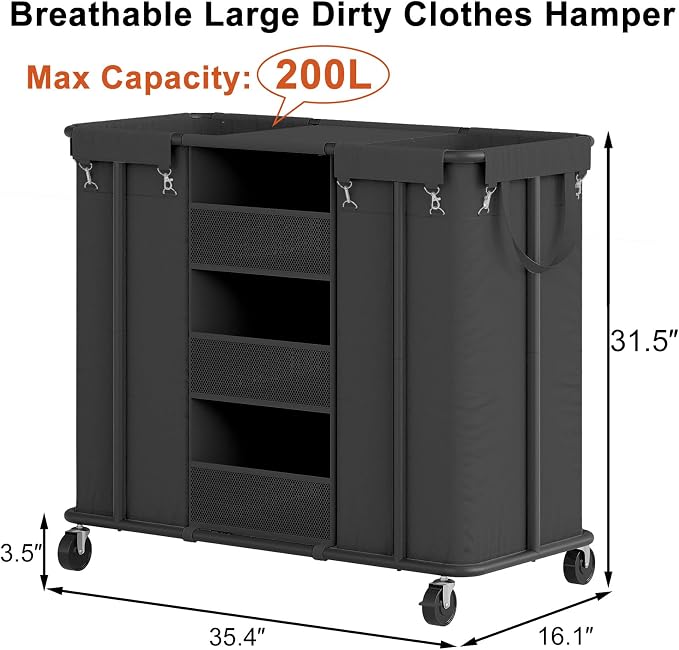 WOWLIVE Laundry Sorter 2 Section, 200L Rolling Laundry Hamper with Wheels | Laundry Cart with Steel Frame, Laundry Basket with Hanging and Removable Bag, Storage Unit Basket Organizer for Dorm, Black