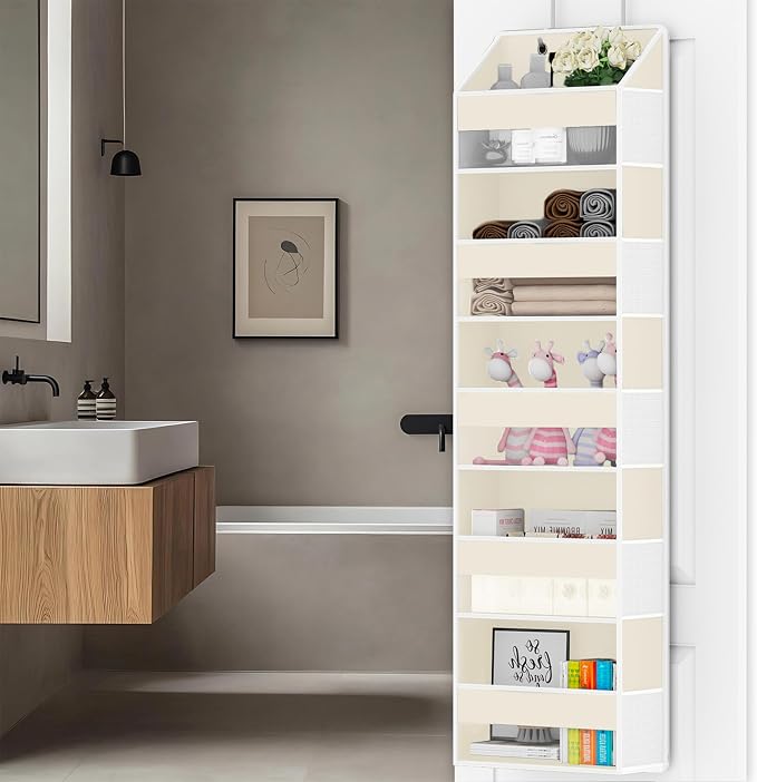 Over Door Organizer with 5 Large Pockets & 10 Mesh Side Compartments - Behind The Door Storage for Bathroom, Bedroom, Closet, Pantry, RV & Nursery - Baby Room Organizer Solution - Beige