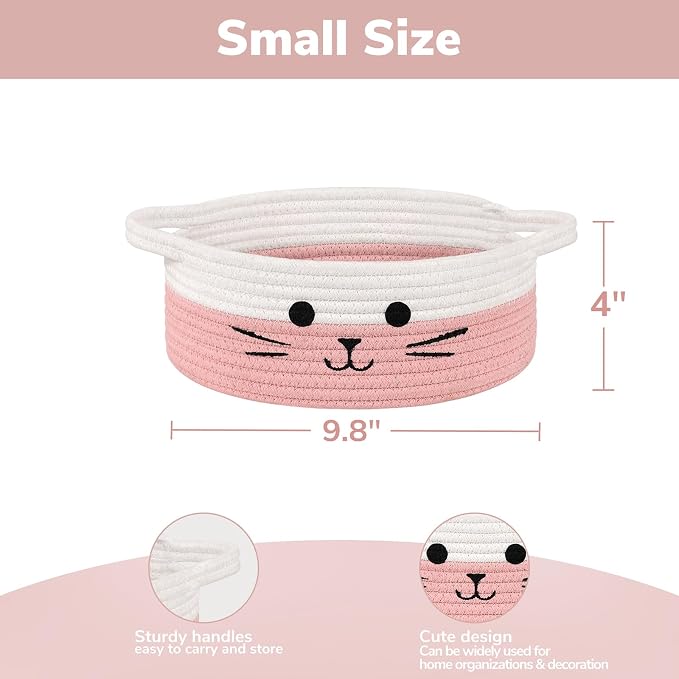 Cute Cat Toy Basket, Decorative Baby Gift Basket for Girls, Small Woven Baskets for Nursery Living Room, White & Pink, 9.8 x 4 inches