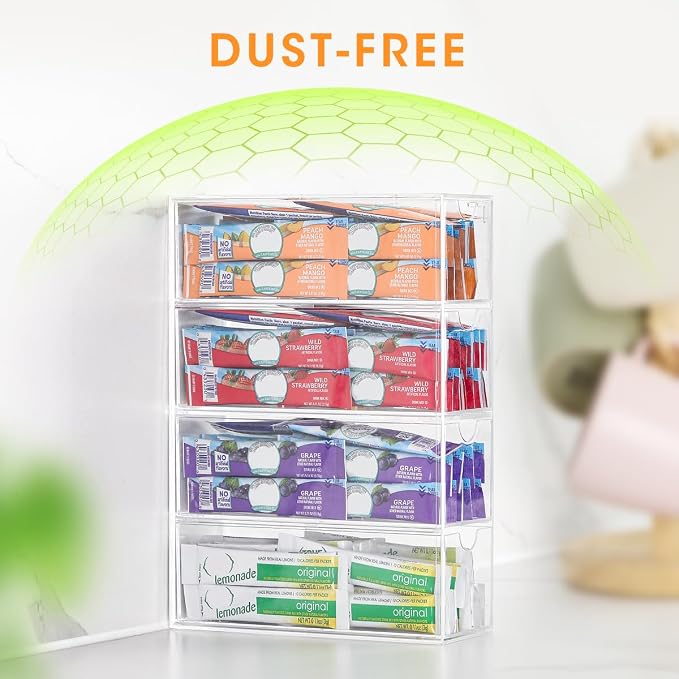 AIEVE Drink Packet Organizer, Drink Mix Holder with 4 Clear Drawers, Acrylic Water Flavor Packets Container, Kitchen Storage Organizers for Pantry Home Organization