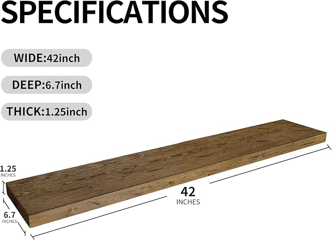 BGMG Floating Shelves 42 inch Long, Distressed,Wide Rustic Wooden Wall Shelves for Bathroom Living Room Bedroom Kitchen Farmhouse Set of 2-42x6.7x1.25 inch-Distressed Walnut