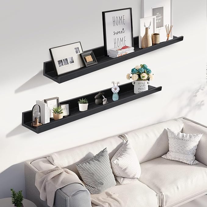 Muzilife 45.3" Large Floating Shelves Wood Wall Shelf with Lip, 2Pcs, Black | FSC-Certified Wood | 20 lbs Capacity | Space-Saving | Hanging Shelf | Wall Decor| Bedroom,Living Room,Bathroom,Kitchen,Office