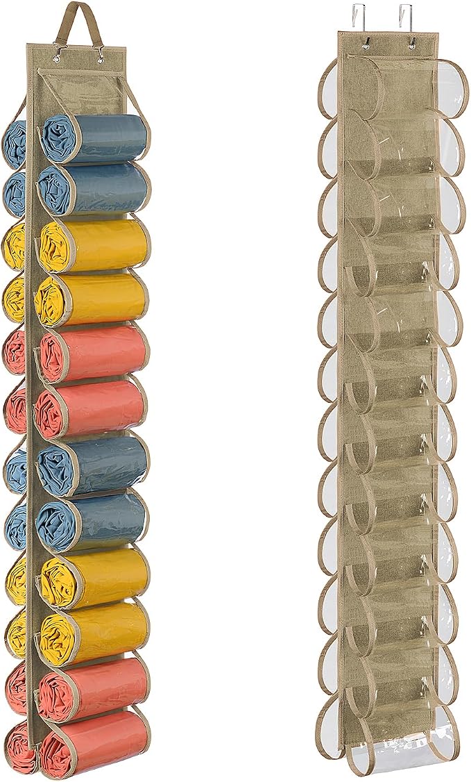 Lirex Scarf Storage Organizer with 24 Pockets, Yoga Legging Storage Organizer for Family Closet Bedroom, Light Coffee