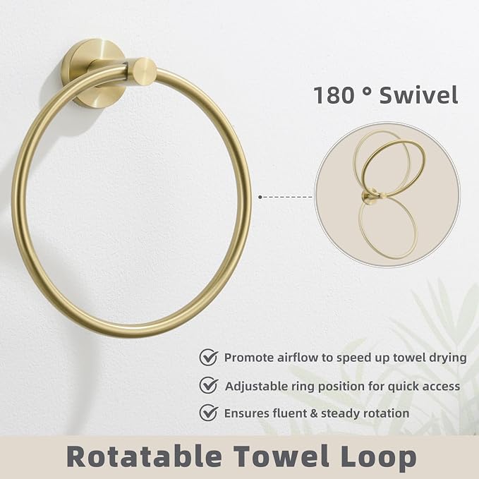 APLusee Brushed Gold Bath Towel Ring, 304 Stainless Steel Heavy Duty Towel Holder for Bathroom, Wall Mounted
