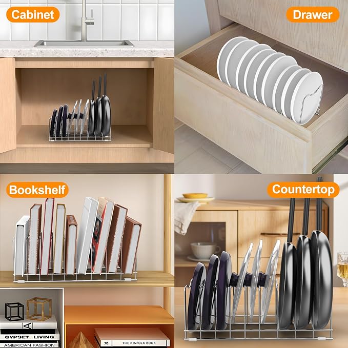 FLSEPAMB Lid Organizer Pot Lid Organizer 10-Tier Pot Lid Rack Holder Suitable for Bakeware Dish Plate, Cutting Boards, Pots & Pans, Serving Trays, Reusable Containers in Cabinet Pantry (1 Pack)