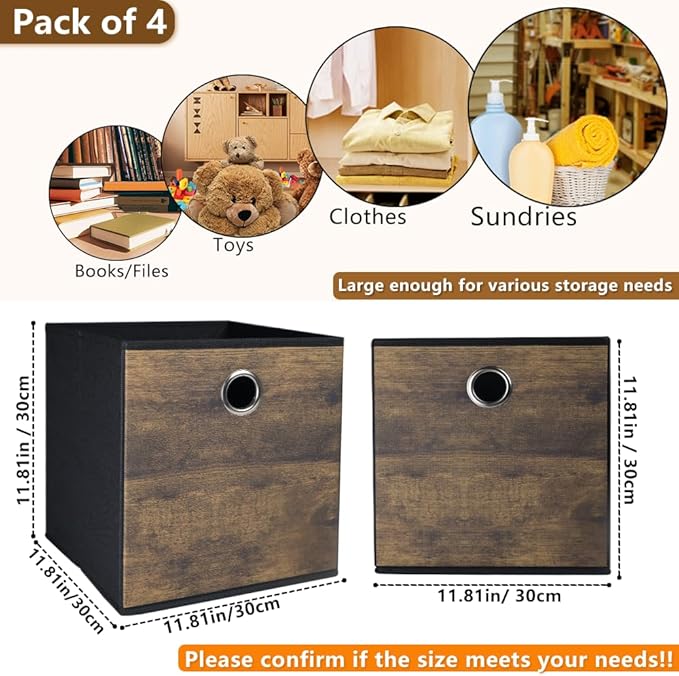 4 Pack Durable Storage Cube Bins with Decorative Wood Grain,Thickened Fabric Box,Storage Basket for Shelves,Closet,Storeroom,Bedroom,Living Room,Nursery,Office,Dorm,RV, 12x12x12in ( (Medium)