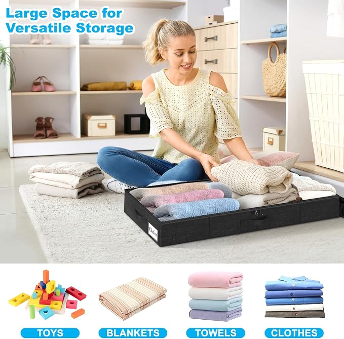 Under Bed Storage Container Bin 4 Pack, 4.5 Inch Slim Low Profile Underbed Clothes Storage Organizer for Dorm & Home, Use for Blanket and Toy Storage Box W/ Sturdy Bottom/Sides, Foldable Thick Fabric